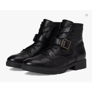 Vionic Catina Lace-Up Boots Black Leather Size 8 NWOB Buckle Detail Arch Support